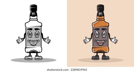 Whiskey bottle smiling cartoon character with hands and legs. Vector illustration in two styles black on white and colorful
