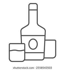 Whiskey bottle and two shot glasses thin line icon, west desert concept. Vector graphics. Alcohol drink sign on white background, outline style icon for mobile or web design
