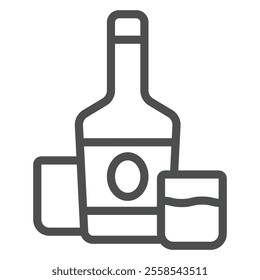 Whiskey bottle and two shot glasses line icon, west desert concept. Vector graphics. Alcohol drink sign on white background, outline style icon for mobile or web design