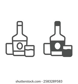 Whiskey bottle and two shot glasses line and solid icon, west desert concept. Vector graphics. Alcohol drink sign on white background, outline style icon for mobile or web design