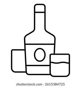 Whiskey bottle and two shot glasses thin line icon, west desert concept. Vector graphics. Alcohol drink sign on white background, linear style for mobile or design