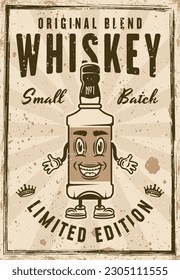 Whiskey bottle vintage poster cartoon smiling character vector illustration. Layered, separate grunge texture and text