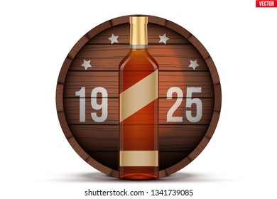 Whiskey bottle and wooden barrel. Example bottle for cognac and brandy and whickey beverages. Vector Illustration