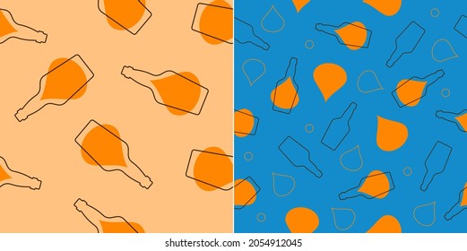 Whiskey bottles with alcohol drop seamless pattern. Line art style. Outline image. Two repeat template. Party drinks. Color Illustration on white background. Flat design style for any purposes. Vector