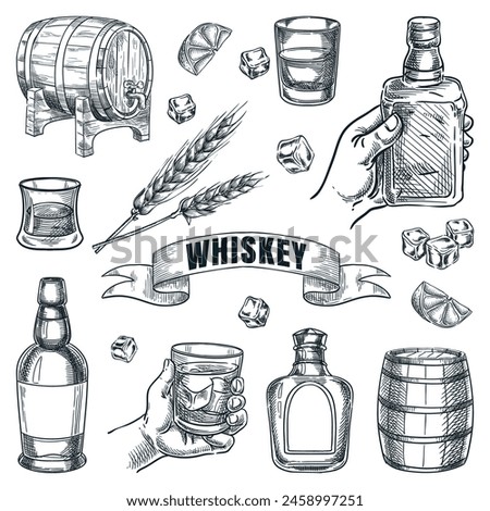 Whiskey bottles, barrels and glasses vector hand drawn sketch illustration. Design elements for pub and bar alcohol drinks menu