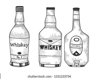 Whiskey bottles flasks sketch engraving vector illustration. T-shirt apparel print design. Scratch board style imitation. Black and white hand drawn image.