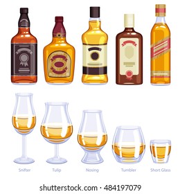 Whiskey bottles and glasses icons set. Alcohol vector illustration. Snifter, tulip, nosing, tumbler, short glasses