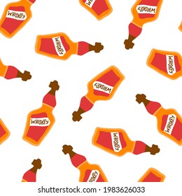 Whiskey bottles seamless pattern, great design for any purposes. Doodle style. Hand drawn image. Repeat template. Party drinks concept. Freehand drawing. Cartoon sketch graphic draft. Vector.
