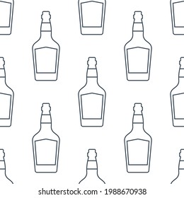 Whiskey bottles seamless pattern. Line art style. Outline image. Black and white repeat template. Party drinks concept. Illustration on white background. Flat design style for any purposes. Vector.
