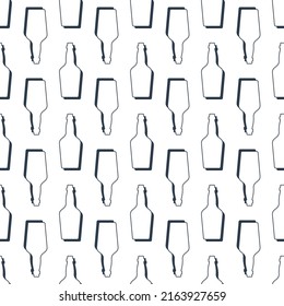 Whiskey bottles seamless pattern. Line art style. Outline image. Black and white repeat template. Party drinks concept. Illustration on white background. Flat design style for any purposes. Vector.

