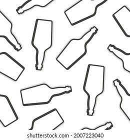 Whiskey bottles with shadow seamless pattern. Line art style. Outline image. Repeat template. Party drinks concept. Illustration on white background. Flat design style for any purposes. Vector.

