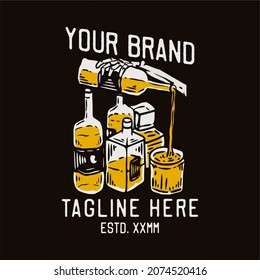 whiskey bottles and skeleton hand pouring whiskey vintage t shirt design template