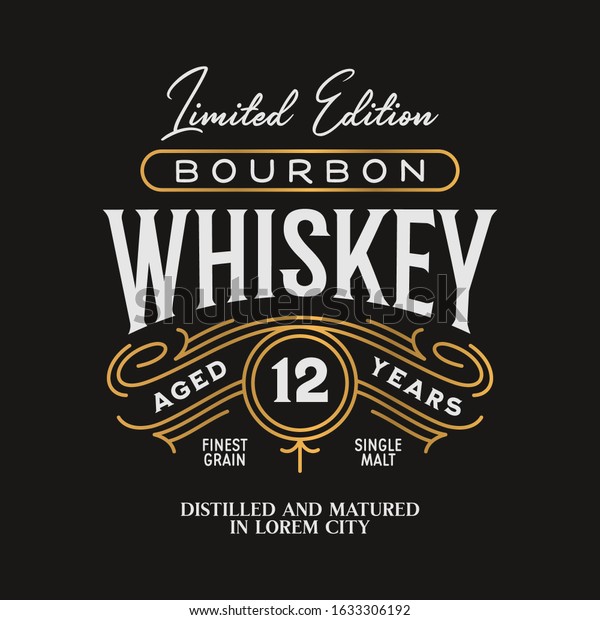 Whiskey Bourbon\
label logo emblem with ornate monoline borders gold colored.\
Vintage vector\
illustration.