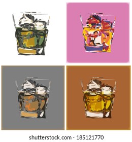 whiskey, Bourbon, Scotch, glass, ice, pop art, vector illustration, brandy, cocktails