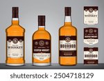 Whiskey, bourbon and scotch whisky labels and glass bottle mockups