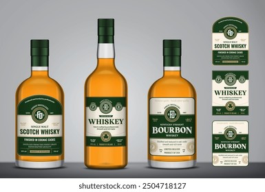 Whiskey, bourbon and scotch whisky labels and glass bottle mockups