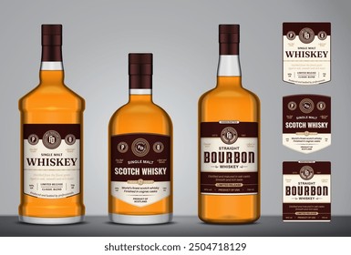 Whiskey, bourbon and scotch whisky labels and glass bottle mockups