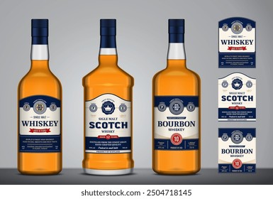 Whiskey, bourbon and scotch whisky labels and glass bottle mockups