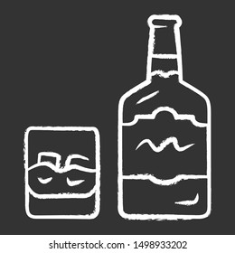 Whiskey chalk icon. Bottle and old fashioned glass with drink and ice. Scotch, rum shot. Distilled alcoholic beverage consumed for cocktails. Brandy, bourbon. Isolated vector chalkboard illustration