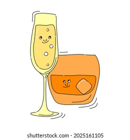 Whiskey champagne glassware with smile face on white background. Cartoon sketch. Doodle style with black contour line. Cute hand drawn glass. Party drinks concept. Kawaii freehand drawing style.
