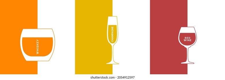 Whiskey, champagne and red wine glass in minimalist linear style with text. Contour of glassware on right side in form of fine line. Two types of multi-colored drink. Isolated image on white backdrop.