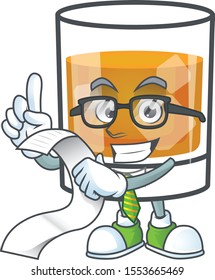 Whiskey with character holding bill on white background