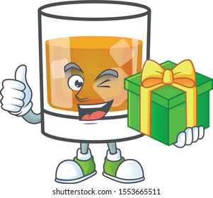 Whiskey with character holding gift on white background