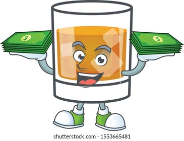 Whiskey with character holding money on white background