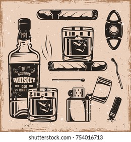 Whiskey and cigars set of vector monochrome design elements, objects, symbols on background with grunge textures