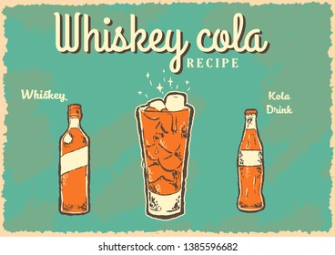 Whiskey cola retro poster. Vintage cocktail poster. Vector illustration.