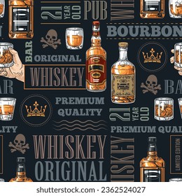 Whiskey drink colorful seamless pattern with bottles and glasses among inscriptions bourbon premium quality and 21 year old vector illustration