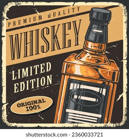 Whiskey drink colorful vintage poster with bottle of hard liquor from limited edition premium quality grunge style vector illustration