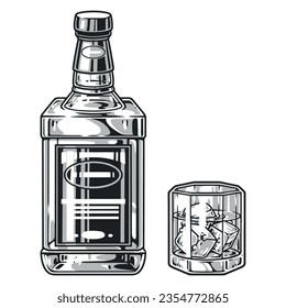 Whiskey drink detailed element monochrome with intoxicating beverage in bottle and glass with ice for advertising alcohol products vector illustration