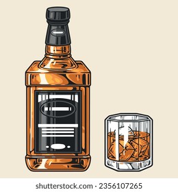 Whiskey drink detailed emblem colorful with bottle of perennial alcohol with black label and glass with ice cubes vector illustration