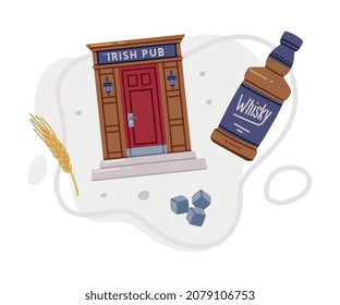 Whiskey Drink in Glass Bottle, Barley Spikelet and Irish Pub Vector Composition