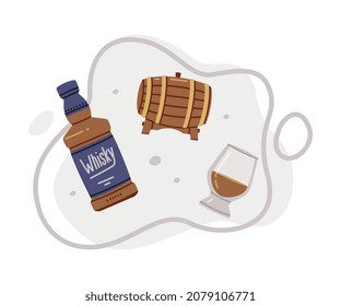 Whiskey Drink in Glass Bottle and Wooden Barrel Vector Composition
