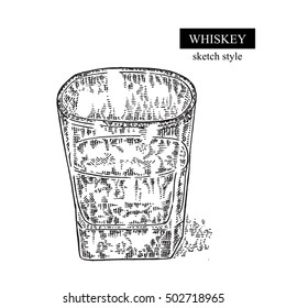 Whiskey drink. Hand drawn glass of whiskey. Vector illustration sketch