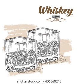 Whiskey drink. Hand drawn two glasses of whiskey. Engraving style. Vector illustration