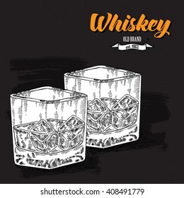 Whiskey drink. Hand drawn two glasses of whiskey. Engraving style. Vector illustration