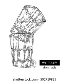 Whiskey drink. Hand drawn two glasses of whiskey. Vector illustration sketch
