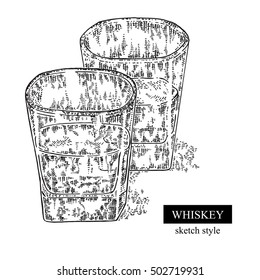 Whiskey drink. Hand drawn two glasses of whiskey. Vector illustration sketch