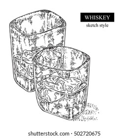 Whiskey drink. Hand drawn two glasses of whiskey. Vector illustration sketch