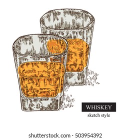 Whiskey drink. Hand drawn two glasses of whiskey. Vector illustration sketch