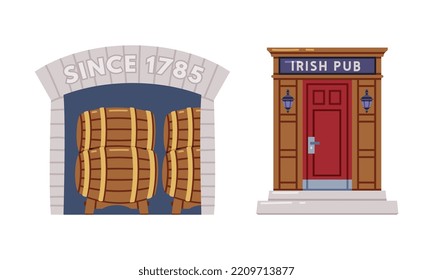 Whiskey Drink Process with Storage and Maturation in Wooden Barrel and Irish Pub Vector Set