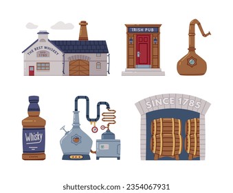 Whiskey Drink Production and Manufacture Vector Set