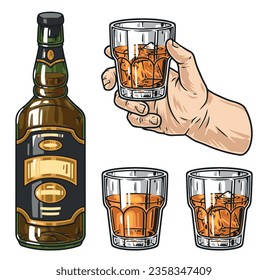 Whiskey-Getränke-Set Embleme bunt mit facettiertem Glas gefüllt mit Getränken mit Eis nahe Flasche Vektorgrafik