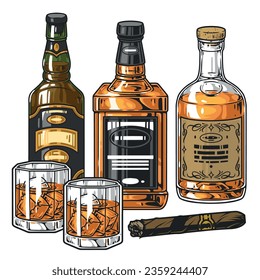 Botellas y vasos coloridos de la etiqueta de la bebida Whiskey cerca del cigarro para la publicidad cognac y brandy o scotch fabricante ilustración vectorial