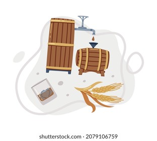 Whiskey Drink in Wooden Barrel for Storage and Barley Spikelet Vector Composition