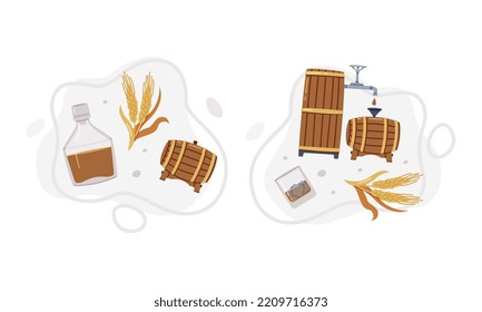 Whiskey Drink in Wooden Barrel for Storage and Barley Spikelet Vector Composition Set