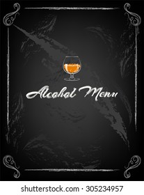 Whiskey, Drinking Glass, Alcohol. On chalk board. 